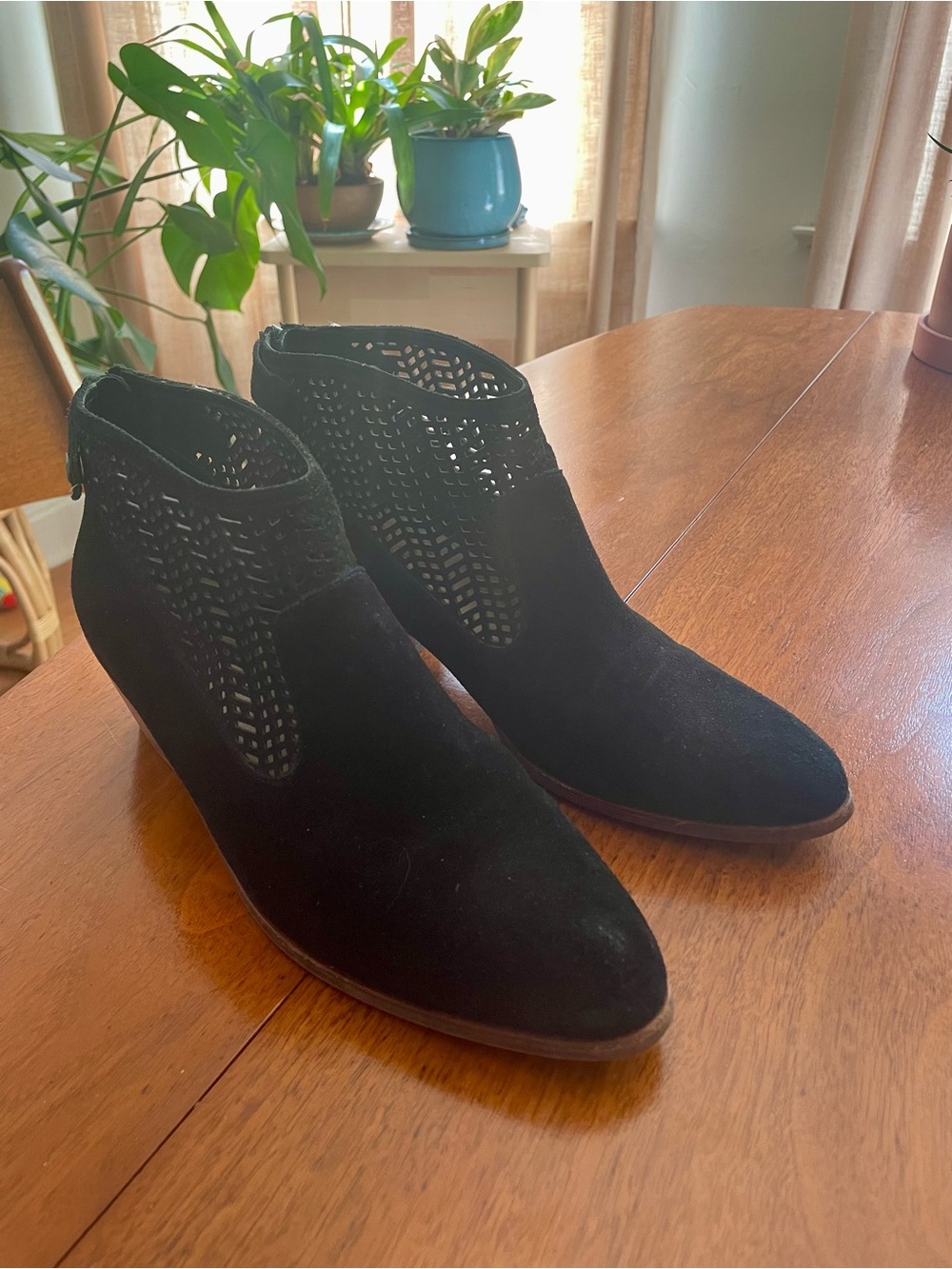 Via Spiga Black Suede Stacked Heel Ankle Boots